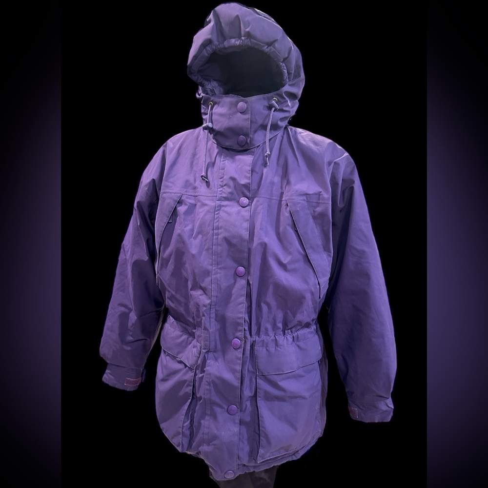 Eddie Bauer Womens Purple Gore-Tex Goose Down Hooded Parka Coat Sz L Zip Pockets